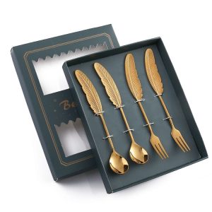 304 Stainless Steel Feather Spoon Fork Literary Tableware, Style: 4 In 1 Titanium-Green Box