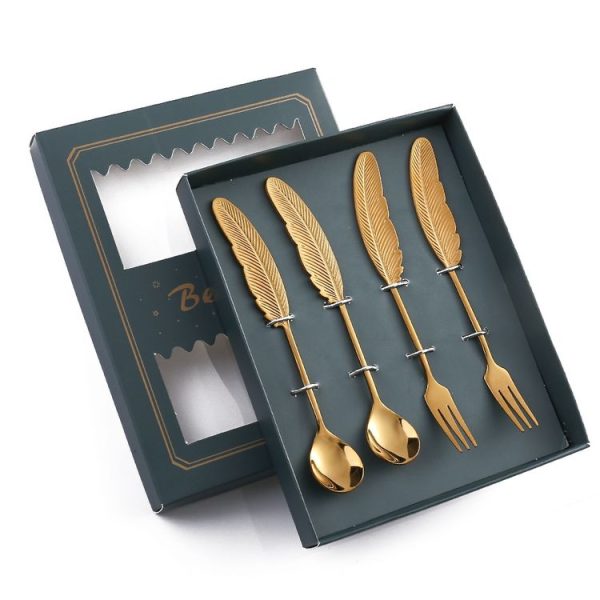 304 Stainless Steel Feather Spoon Fork Literary Tableware, Style: 4 In 1 Titanium-Green Box