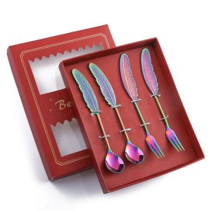 304 Stainless Steel Feather Spoon Fork Literary Tableware, Style: 4 In 1 Dazzle-Red Box