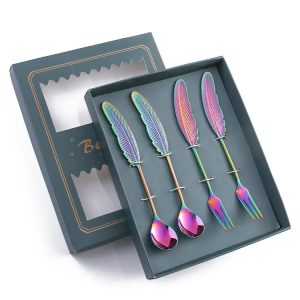 304 Stainless Steel Feather Spoon Fork Literary Tableware, Style: 4 In 1 Dazzle-Green Box