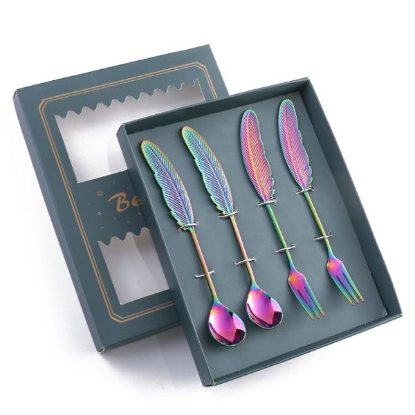 304 Stainless Steel Feather Spoon Fork Literary Tableware, Style: 4 In 1 Dazzle-Green Box