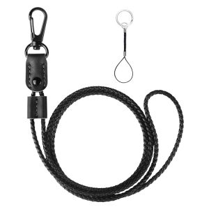 Hand -Woven PU Leather Lanyard Neck Strap For Phone Badge ID Credit Work Card (Black)
