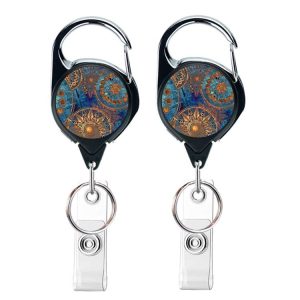 2pcs 65cm Retractable Pull Badge Reel Vintage Compass Map Name Tag Card Badge Holder (Mandala)
