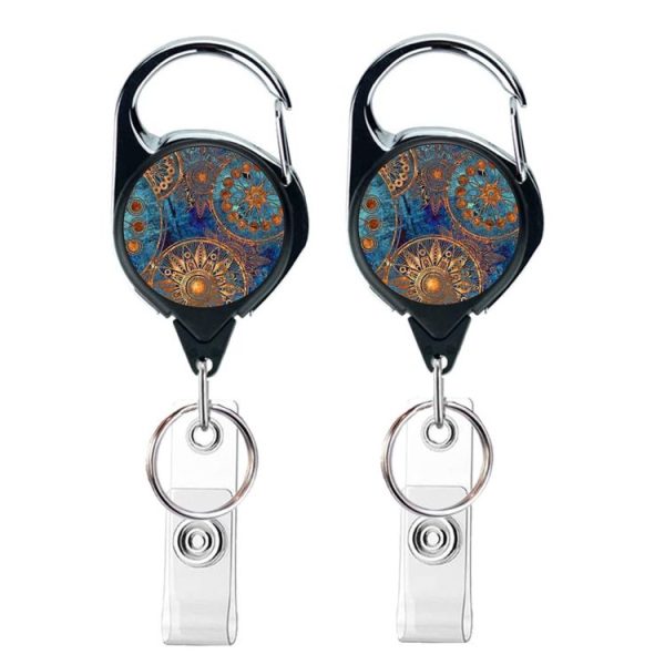 2pcs 65cm Retractable Pull Badge Reel Vintage Compass Map Name Tag Card Badge Holder (Mandala)