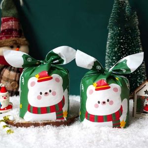 1bag Candy Packaging Bags Baking Biscuit Gift Bags 13.5x22cm (Green Scarf Bear)