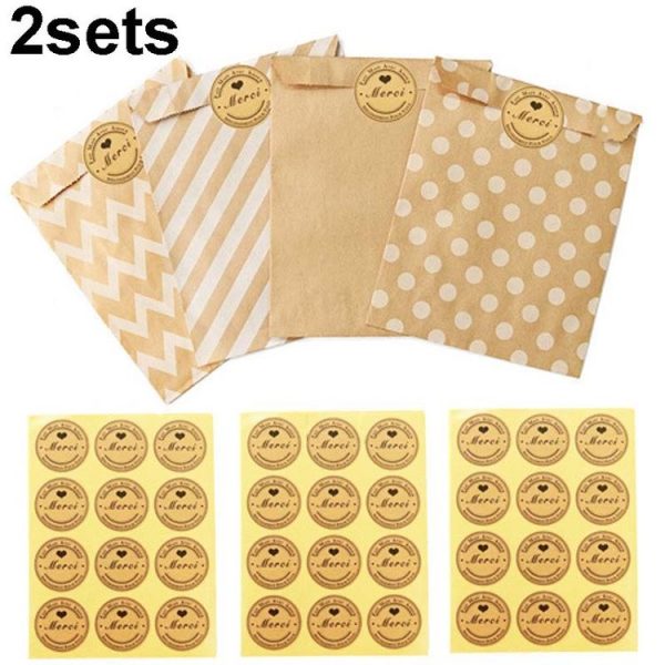 2sets Wave Dot Packaging Kraft Paper Bag Stickers DIY Baking Packaging Gift Bags (G4-41+Merci Sticker)