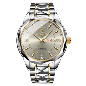 BINBOND B5552 Luminous Multifunctional Business Calendar Quartz Watch (Inter-gold-Gray)