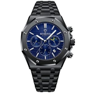 BINBOND B0161 Multifunctional Luminous Waterproof Business Quartz Watch, Color: Black Steel-Blue