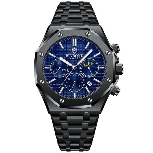 BINBOND B0161 Multifunctional Luminous Waterproof Business Quartz Watch, Color: Black Steel-Blue