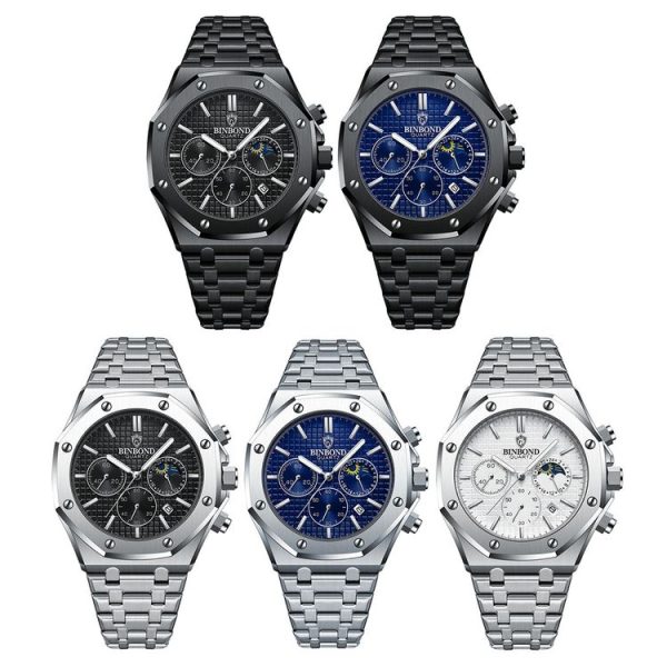 BINBOND B0161 Multifunctional Luminous Waterproof Business Quartz Watch, Color: Black Steel-Blue - Image 2