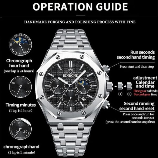 BINBOND B0161 Multifunctional Luminous Waterproof Business Quartz Watch, Color: Black Steel-Blue - Image 3
