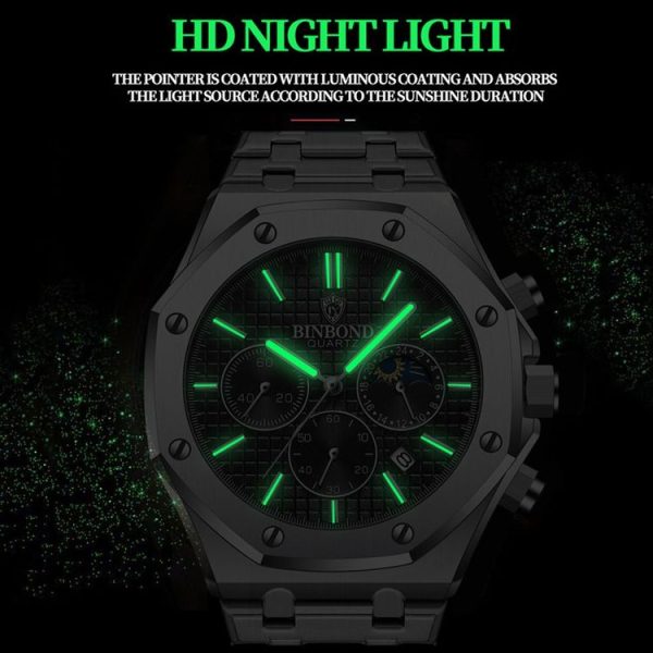 BINBOND B0161 Multifunctional Luminous Waterproof Business Quartz Watch, Color: Black Steel-Blue - Image 4