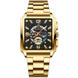 BINBOND B6575 Men Vintage Square Multifunctional Luminous Quartz Watch, Color: Full Gold-Black