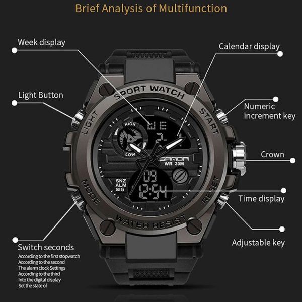 SANDA 739 Multifunctional Waterproof Sports Watch Chronograph Calendar Alarm Night Light Watch (Black) - Image 3