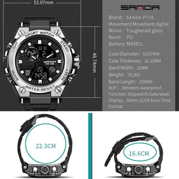 SANDA 739 Multifunctional Waterproof Sports Watch Chronograph Calendar Alarm Night Light Watch (Black) - Image 9