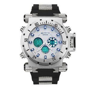 STRYVE S8015 Men Dual Movement Sports Quartz Large Dial Waterproof Watch (Silver White)