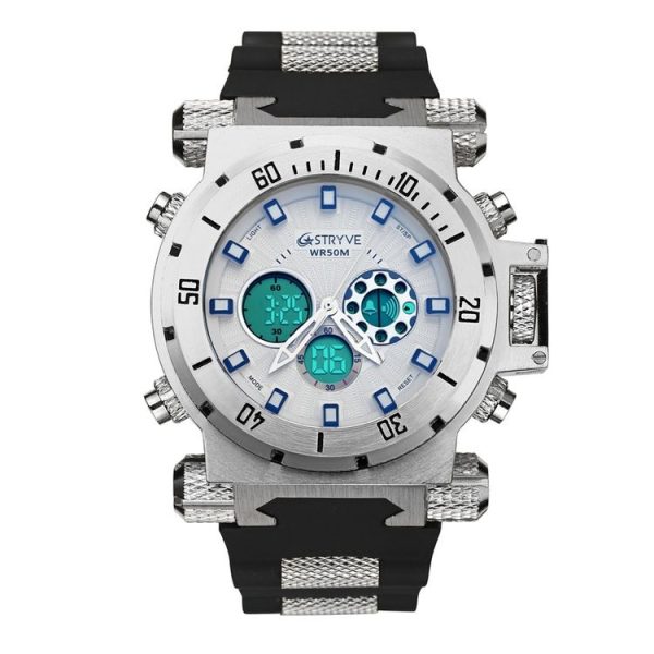 STRYVE S8015 Men Dual Movement Sports Quartz Large Dial Waterproof Watch (Silver White)