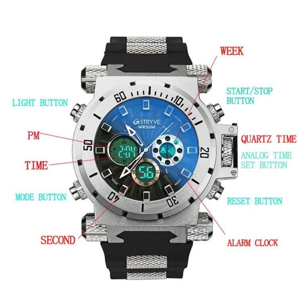 STRYVE S8015 Men Dual Movement Sports Quartz Large Dial Waterproof Watch (Silver White) - Image 4