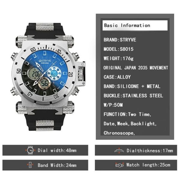 STRYVE S8015 Men Dual Movement Sports Quartz Large Dial Waterproof Watch (Silver White) - Image 7