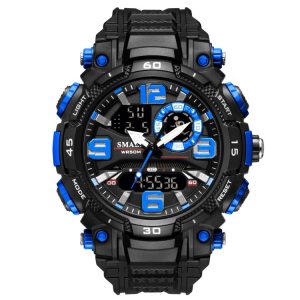 SMAEL 1921 Men Dual Movement Sports Watch Multifunctional Time Night Light Alarm Student Wrist Watch (Black Blue)