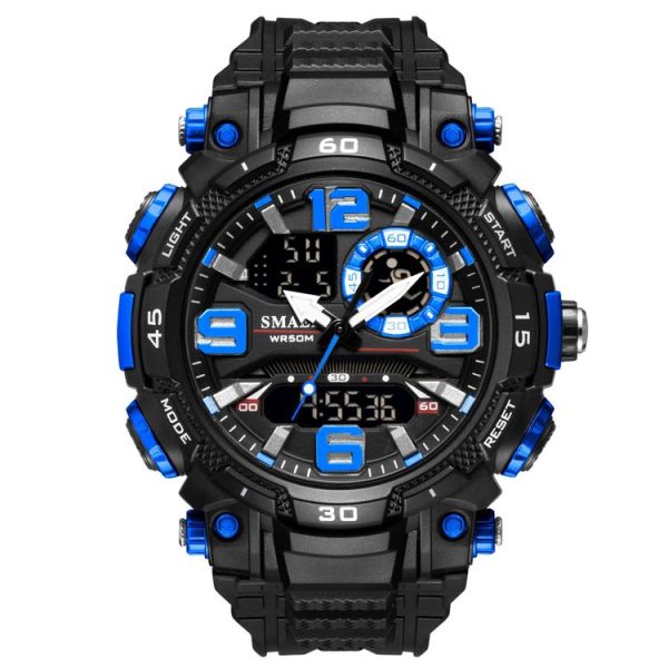 SMAEL 1921 Men Dual Movement Sports Watch Multifunctional Time Night Light Alarm Student Wrist Watch (Black Blue)