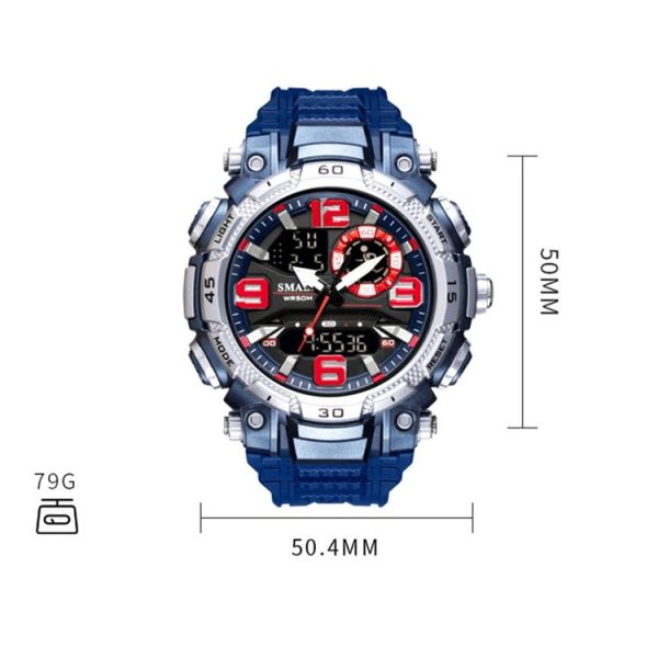 SMAEL 1921 Men Dual Movement Sports Watch Multifunctional Time Night Light Alarm Student Wrist Watch (Black Blue) - Image 3