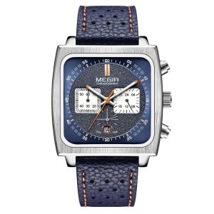 MEGIR 2182 Men Business Chronograph Calendar Waterproof Luminous Watch Square Quartz Watch (Blue Face Blue Belt)