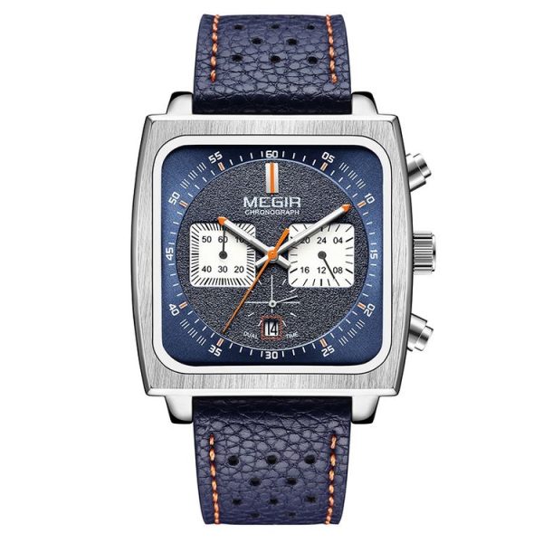 MEGIR 2182 Men Business Chronograph Calendar Waterproof Luminous Watch Square Quartz Watch (Blue Face Blue Belt)