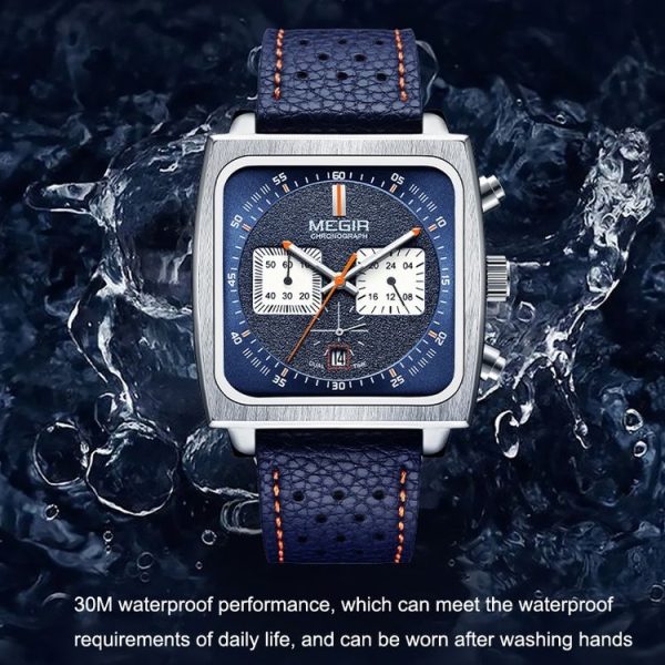 MEGIR 2182 Men Business Chronograph Calendar Waterproof Luminous Watch Square Quartz Watch (Blue Face Blue Belt) - Image 6