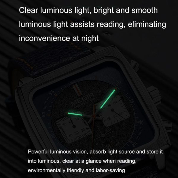 MEGIR 2182 Men Business Chronograph Calendar Waterproof Luminous Watch Square Quartz Watch (Blue Face Blue Belt) - Image 7
