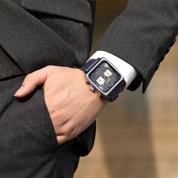 MEGIR 2182 Men Business Chronograph Calendar Waterproof Luminous Watch Square Quartz Watch (Blue Face Blue Belt) - Image 8