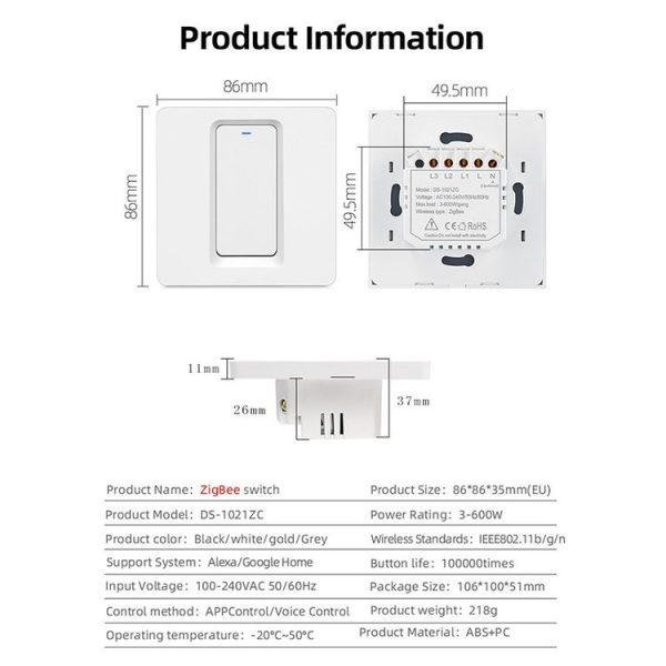 Tuya ZigBee Smart Single-fire Zero-fire Sharing Switch Phone Control Voice Panel EU Plug, Spec: 1 Button - Image 11