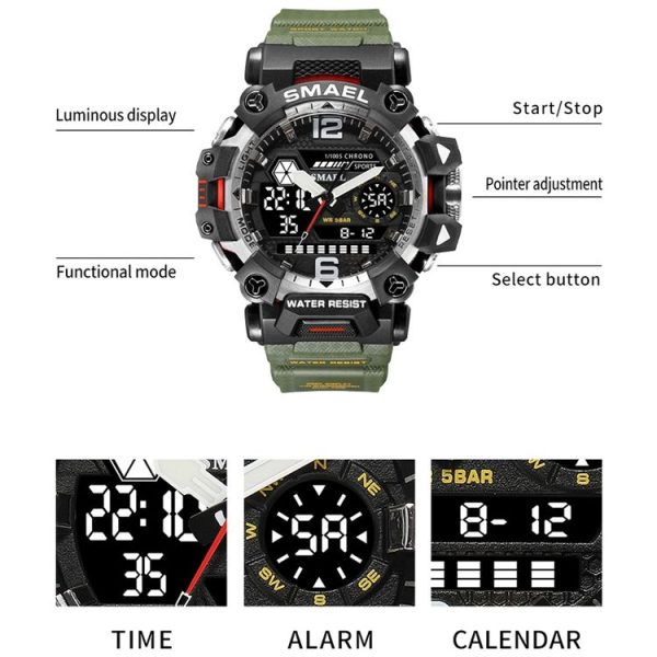 SMAEL 8072 Alloy Outdoor Multifunctional Electronic Watch Men Dual Display Waterproof Watch (Red) - Image 3