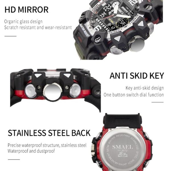 SMAEL 8072 Alloy Outdoor Multifunctional Electronic Watch Men Dual Display Waterproof Watch (Red) - Image 4