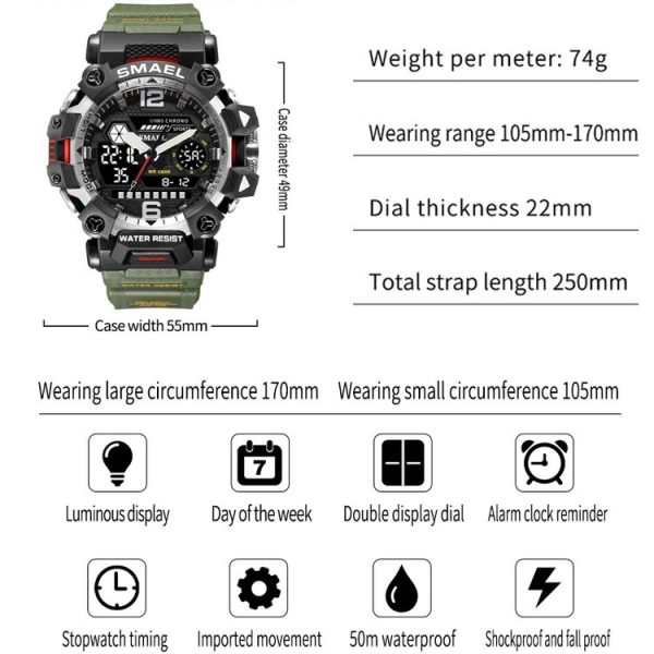 SMAEL 8072 Alloy Outdoor Multifunctional Electronic Watch Men Dual Display Waterproof Watch (Red) - Image 9
