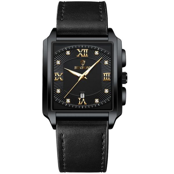 BINBOND B4143 Rectangular Outdoor Men Waterproof Quartz Watches (Black Leather-Black Steel-Gold)