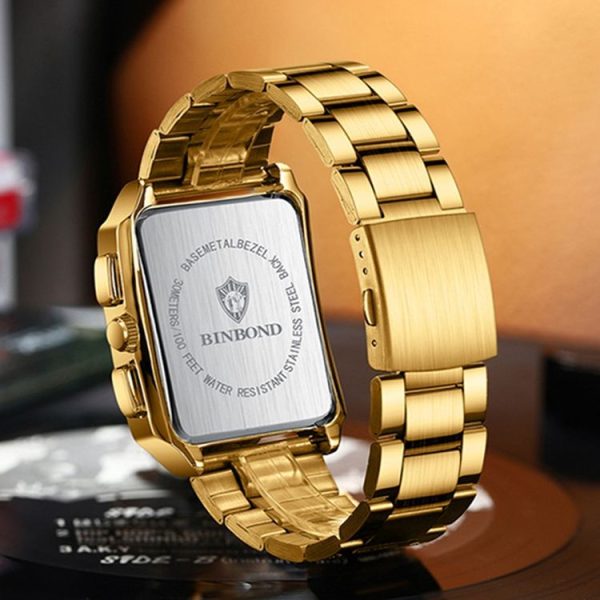 BINBOND B4143 Rectangular Outdoor Men Waterproof Quartz Watches (Black Leather-Black Steel-Gold) - Image 3