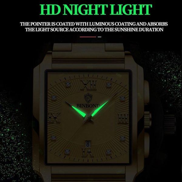 BINBOND B4143 Rectangular Outdoor Men Waterproof Quartz Watches (Black Leather-Black Steel-Gold) - Image 5