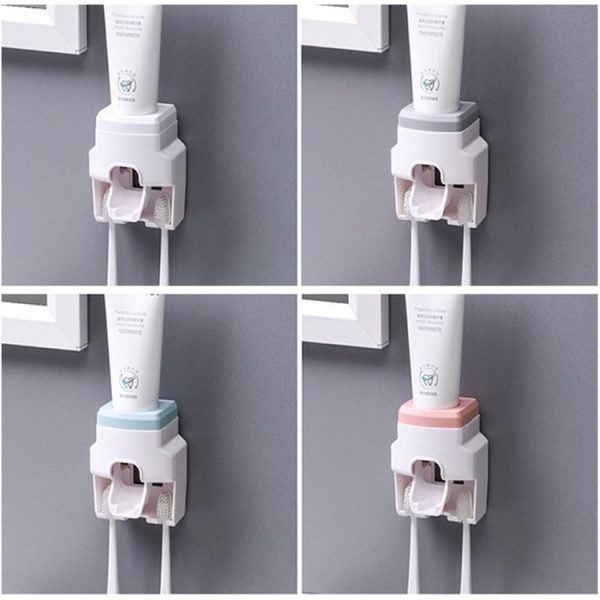 2pcs 2 In 1 Wall-mounted Automatic Toothpaste Squeezer Toothbrush Holder (Gray) - Image 2