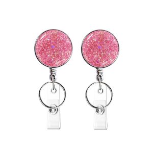 2pcs Diamond Glitter Sequins Retractable Pull Badge Reel Name Tag Card Badge Holder (Pink)