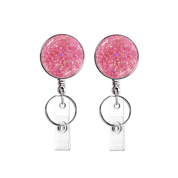 2pcs Diamond Glitter Sequins Retractable Pull Badge Reel Name Tag Card Badge Holder (Pink)