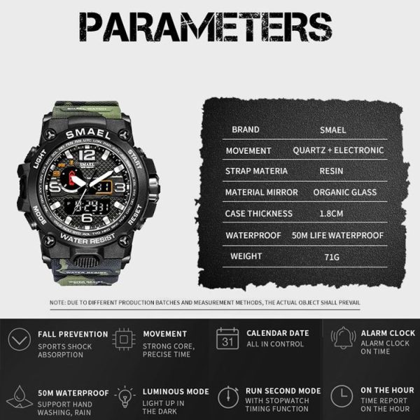 SMAEL 1545D Time Men Anti-falling Night Light Alarm Waterproof Sports Watch (Camouflage Orange) - Image 9