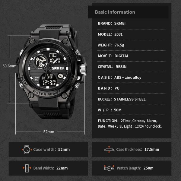 SKMEI 2031 Multifunctional Outdoor Waterproof Chronograph Men Sports Watch (Black Gold) - Image 9