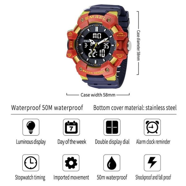 SMAEL 8080 Outdoor Sports Waterproof Multifunctional Glowing Double Dial Watch (Blue) - Image 3