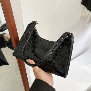 PU Leather Armpit Small Square Bag Female Stone Pattern Shoulder Bag Handbag (Black)