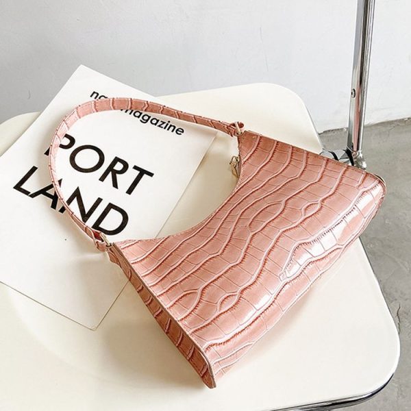 PU Leather Armpit Small Square Bag Female Stone Pattern Shoulder Bag Handbag (Black) - Image 3