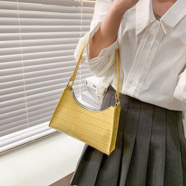 PU Leather Armpit Small Square Bag Female Stone Pattern Shoulder Bag Handbag (Black) - Image 5