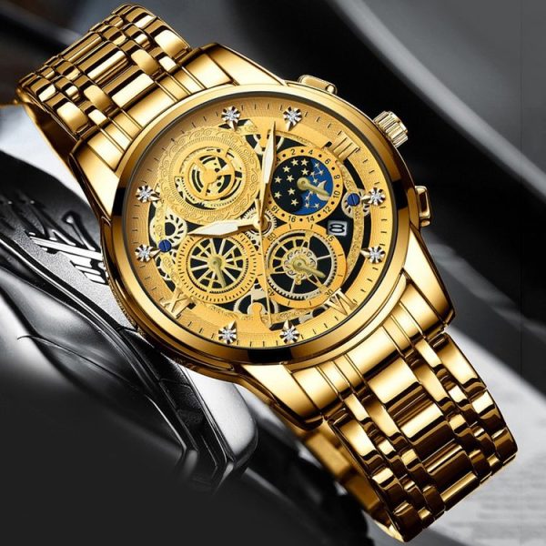 BINBOND 4010 Multifunctional Waterproof Hollowed Luminous Quartz Watch (Full Gold Gold Surface) - Image 3