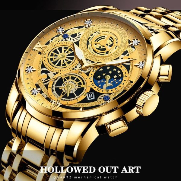BINBOND 4010 Multifunctional Waterproof Hollowed Luminous Quartz Watch (Full Gold Gold Surface) - Image 4
