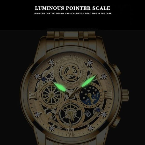 BINBOND 4010 Multifunctional Waterproof Hollowed Luminous Quartz Watch (Full Gold Gold Surface) - Image 5